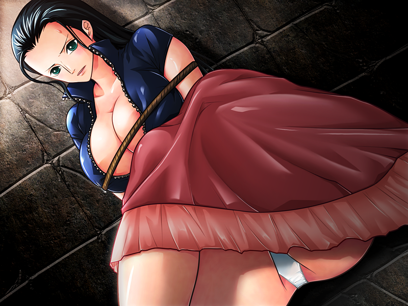 1girl areola_slip areolae arms_behind_back bdsm black_hair blue_shirt bondage bound breasts bursting_breasts cleavage collarbone dutch_angle female floor green_eyes hair_slicked_back indoors knees_together_feet_apart kodamashi large_breasts long_hair nico_robin no_bra no_glasses on_floor one_piece open_clothes open_shirt panties pantyshot pantyshot_(sitting) pink_skirt rope sarong shiny shiny_clothes shiny_hair shirt short_sleeves shounen_jump sitting skirt solo sweatdrop underwear unzipped wall white_panties zipper