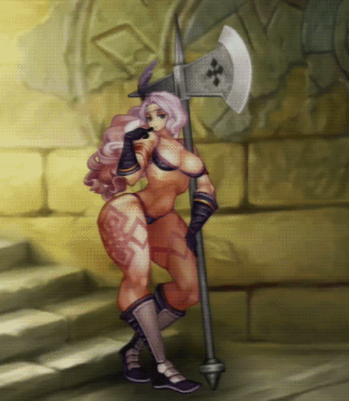 1girl amazon_(dragon's_crown) amazon_(dragon's_crown) animated animated_gif armlet armor axe bikini_armor breasts circlet dragon's_crown dragon's_crown fit gloves muscle slim_waist standing tattoo thick_thighs weapon wide_hips
