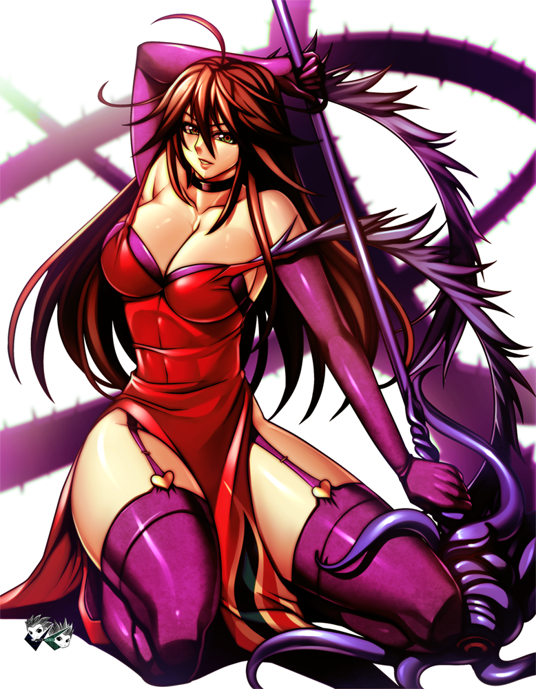 ahoge arm_up armpits bangs blush breasts brown_hair choker cleavage collarbone commentary dress elbow_gloves funikura garter_straps gloves green_eyes holding holding_staff jadenkaiba kneeling large_breasts lips long_hair looking_at_viewer nyx parted_lips pelvic_curtain plant purple_gloves purple_legwear queen's_blade red_dress shiny shiny_clothes shiny_hair shiny_skin solo staff thorns vines