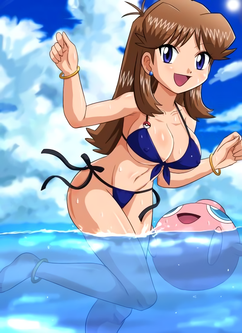 1girl anklet bikini blue_(pokemon) blue_eyes bracelet breasts brown_hair cleavage earring erect_nipples highres hips igglybuff jewelry large_breasts long_hair mound_of_venus nintendo pokemoa pokemon shiny_skin side-tie_bikini smile swimming swimsuit toned water