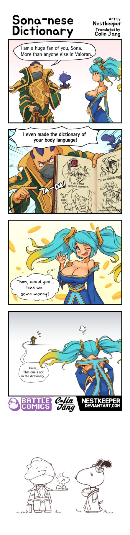 1girl 4koma art_shift bird blue_eyes blue_hair book breasts cleavage coin comic gradient_hair hands_on_own_chest hat highres hokuto_no_ken huge_breasts jericho_swain jojo_no_kimyou_na_bouken league_of_legends long_image multicolored_hair nestkeeper one_eye_closed pad parody peanuts red_eyes short_twintails snoopy sona_buvelle tall_image twintails woodstock you_are_already_dead