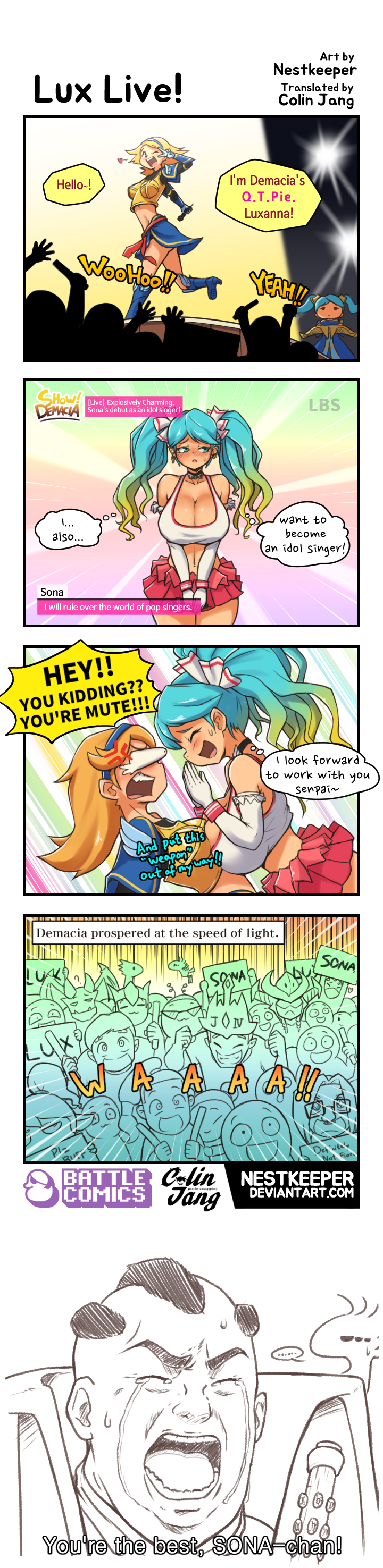 4koma absurdres angry aqua_eyes art_shift blonde_hair blue_hair breasts cleavage closed_eyes comic crying gradient_hair heart highres huge_breasts jericho_swain league_of_legends long_hair long_image luxanna_crownguard miniskirt multicolored_hair multiple_girls nestkeeper one_eye_closed open_mouth screaming short_twintails skirt sona_buvelle tall_image tears twintails