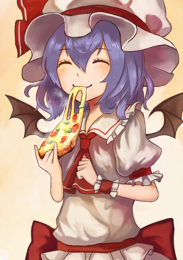 +5cm 1girl bat_wings blue_hair eating eyes_closed food hair_ornament happy hat pizza remilia_scarlet short_hair smile solo touhou wings