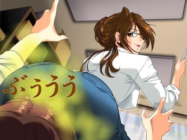 1girl arm_up ass back black-framed_glasses breasts brown_eyes brown_hair collared_shirt denim facefart fart glasses hand_up holding indoors jeans lips lipstick long_hair long_sleeves looking_back makeup naughty_face pants shirt sitting sitting_on_face sitting_on_person smile smirk solo_focus teacher white_shirt