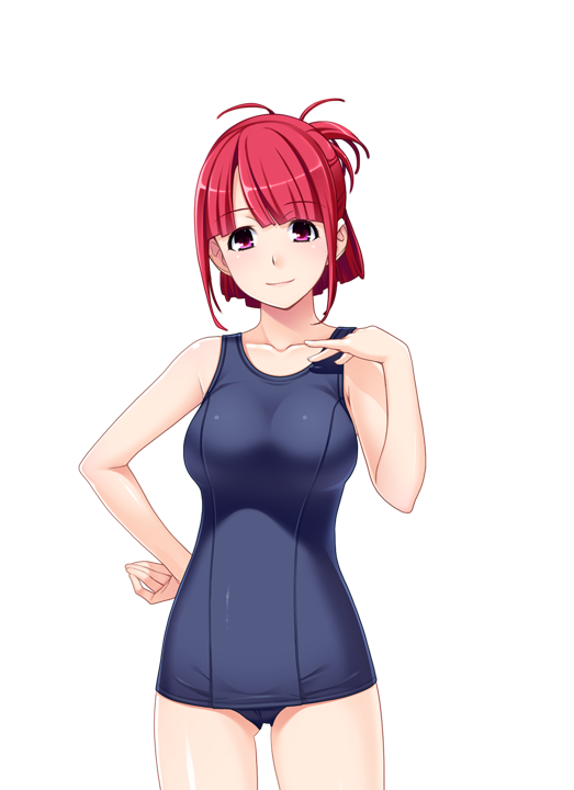 1girl breasts female game_cg gluteal_fold hair_up hand_on_hip hanekura_tomoe highres hitozuma_swimming_club ino interheart large_breasts legs looking_at_viewer pink_eyes red_hair simple_background smile solo standing swimsuit thighs white_background