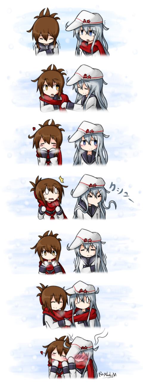 0_0 2girls ^_^ blue_eyes blush brown_eyes brown_hair closed_eyes closed_mouth comic commentary flat_cap folded_ponytail full-face_blush hammer_and_sickle hat heart hibiki_(kantai_collection) highres inazuma_(kantai_collection) kantai_collection long_hair long_sleeves mittens multiple_girls neckerchief open_mouth ponytail raythalosm scarf school_uniform serafuku shared_scarf silver_hair smile sneezing sweat trembling verniy_(kantai_collection) wavy_mouth