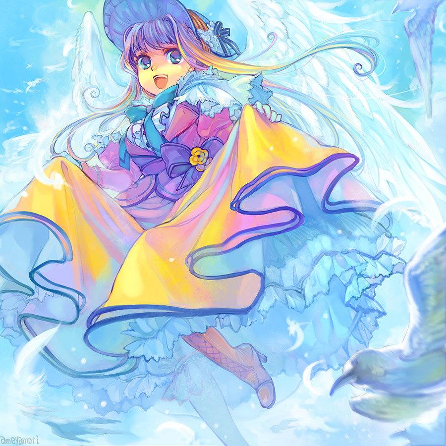 ame_yamori angel_wings bird blue_eyes boots dress feathers frills hat long_hair original solo wings