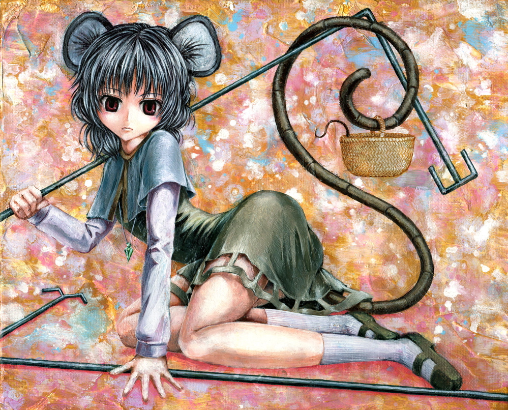 animal_ears basket dowsing_rod dress grey_hair jewelry kabaji mouse_ears nazrin necklace oil_painting_(medium) red_eyes solo tail touhou traditional_media