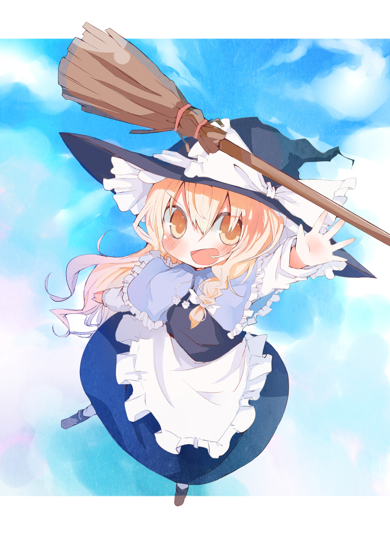 :d apron arm_at_side arm_up bangs black_footwear black_hat black_vest blonde_hair blue_skirt blue_sky blush bow braid broom capelet day eyebrows_visible_through_hair flying frilled_apron frills from_above full_body hair_between_eyes hair_bow hat hat_bow hat_ribbon kirisame_marisa long_hair long_sleeves looking_at_viewer mary_janes open_mouth pantyhose pom_pom_(clothes) reaching ribbon rowtan shirt shoes single_braid skirt sky smile solo touhou vest waist_apron white_apron white_bow white_legwear white_ribbon white_shirt witch_hat
