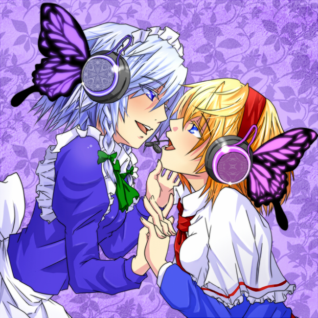 alice_margatroid blonde_hair blue_eyes braid bug butterfly butterfly_hair_ornament eye_contact face-to-face hair_ornament hairband headphones insect izayoi_sakuya looking_at_another magnet_(vocaloid) multiple_girls sen'yuu_yuuji short_hair silver_hair touhou twin_braids vocaloid yuri