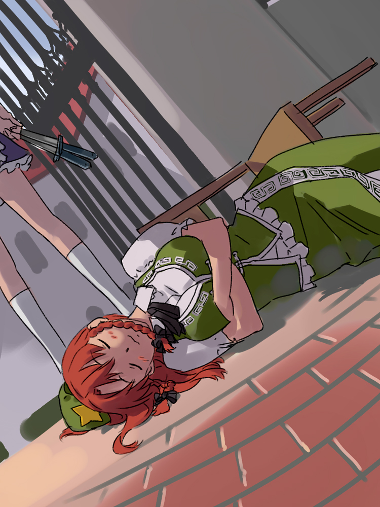 :3 blush bow braid breasts chair china_dress chinese_clothes closed_eyes crossed_arms dress dutch_angle hair_bow hat hong_meiling izayoi_sakuya kneehighs knife large_breasts long_hair lying maid meranie multiple_girls on_ground on_side red_hair sleeping socks touhou twin_braids