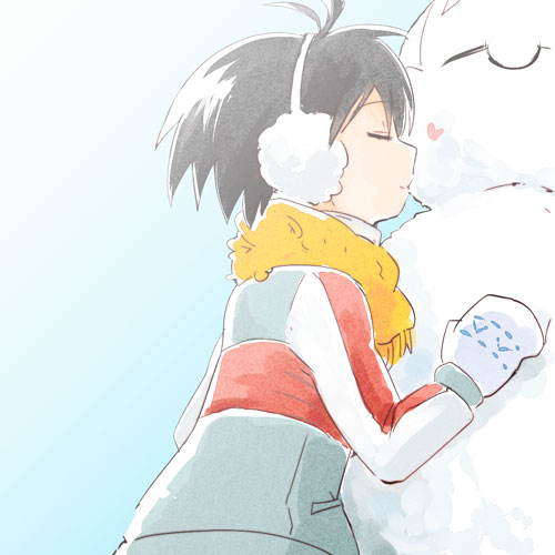 antenna_hair bad_id bad_pixiv_id black_hair closed_eyes earmuffs heart idolmaster idolmaster_(classic) jacket kikuchi_makoto kiss koi_(k51) lowres mittens object_kiss raglan_sleeves scarf short_hair snowman solo