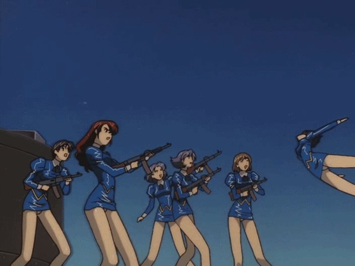 6+girls 90s agent_aika animated animated_gif ass blue_delmo breasts brown_hair delmo high_heels knocked_out latex miniskirt multiple_girls panties pantyshot ryona shiny short_hair skin_tight skirt thrown underwear white_panties