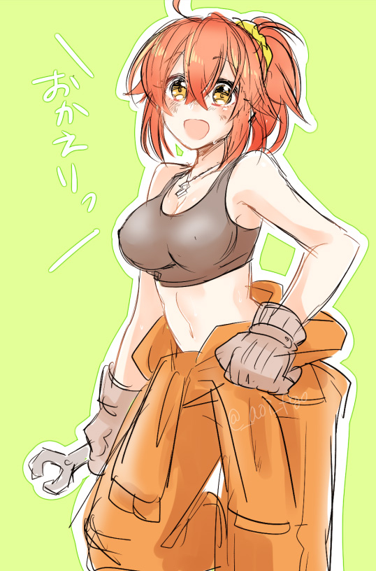 1girl :d blush breasts brown_eyes cleavage erect_nipples eyebrows_visible_through_hair fate/grand_order fate_(series) fujimaru_ritsuka_(female) gloves grey_gloves grey_tank_top hair_ornament hair_scrunchie holding jewelry looking_at_viewer medium_breasts midriff navel necklace open_mouth orange_pants ponytail red_hair scrunchie shino-o shiny shiny_hair sideboob simple_background sketch smile solo standing stomach yellow_scrunchie