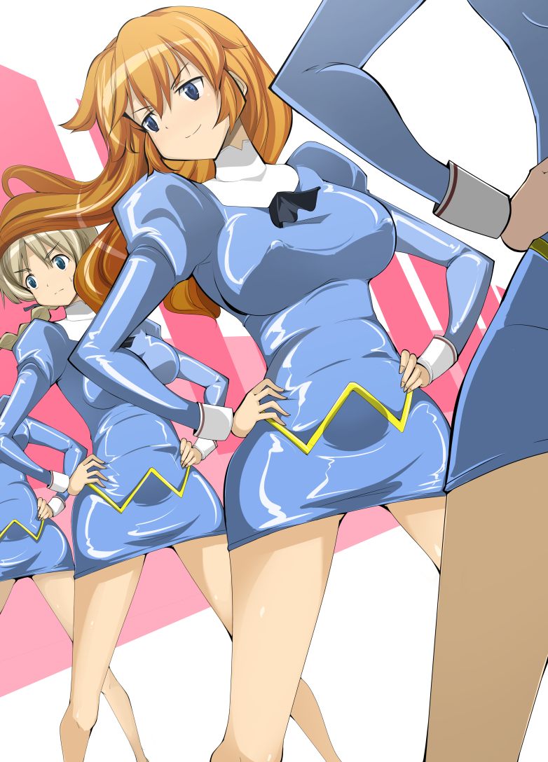 4girls agent_aika blue_delmo blue_eyes blush breasts charlotte_e_yeager cosplay delmo delmo_(cosplay) hands_on_hips long_hair long_sleeves lynette_bishop multiple_girls orange_hair pose puffy_long_sleeves puffy_sleeves skin_tight smile spread_legs strike_witches uniform zinger_(excess_m)