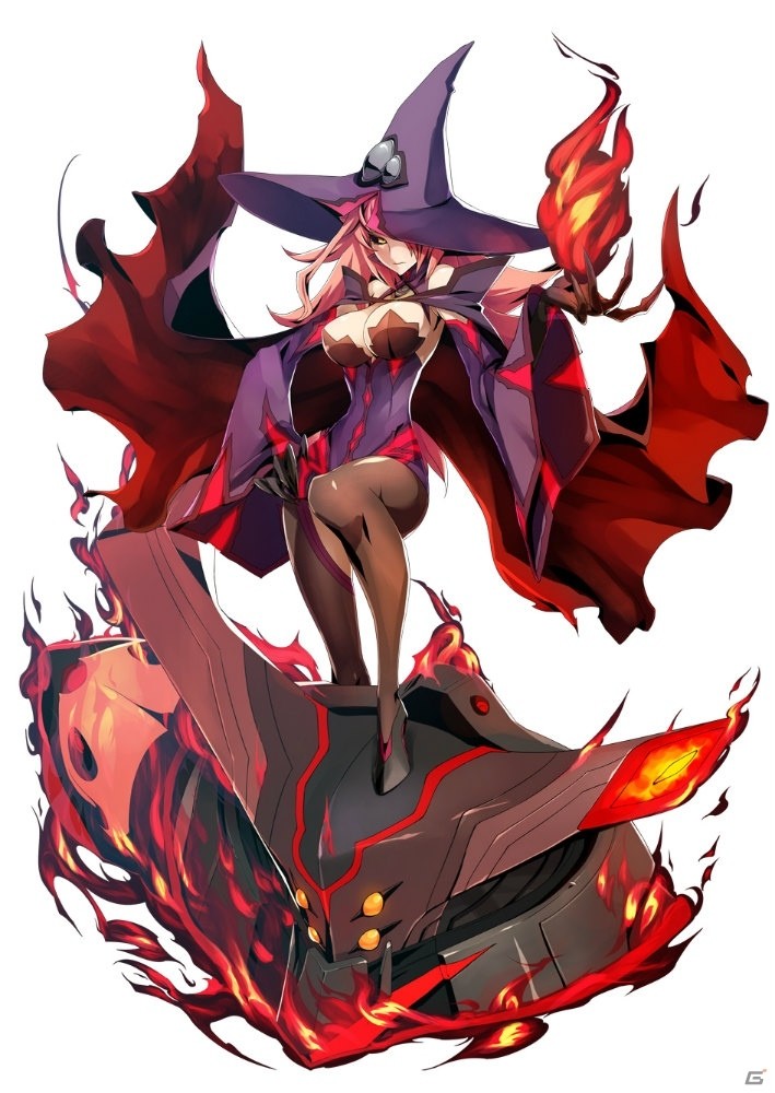 1girl arc_system_works black_eyes black_sclera blazblue blazblue:_central_fiction breasts cleavage female flames hi_no_kagutsuchi konoe_a_mercury large_breasts official_art phantom_(blazblue) pink_hair purple_cape solo witch_hat