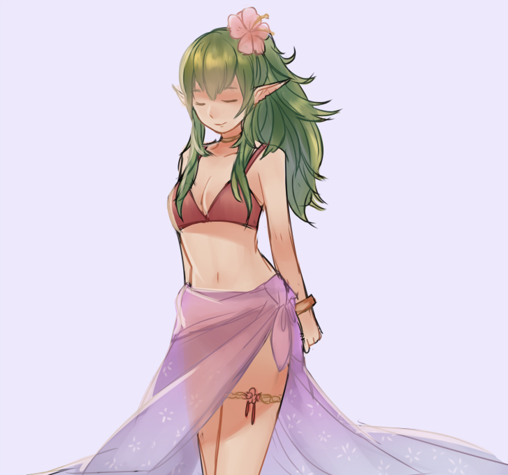 1girl bikini bikini_top chiki eyes_closed fire_emblem fire_emblem:_kakusei green_hair llicornia navel pointy_ears sarong solo stomach swimsuit thigh_strap