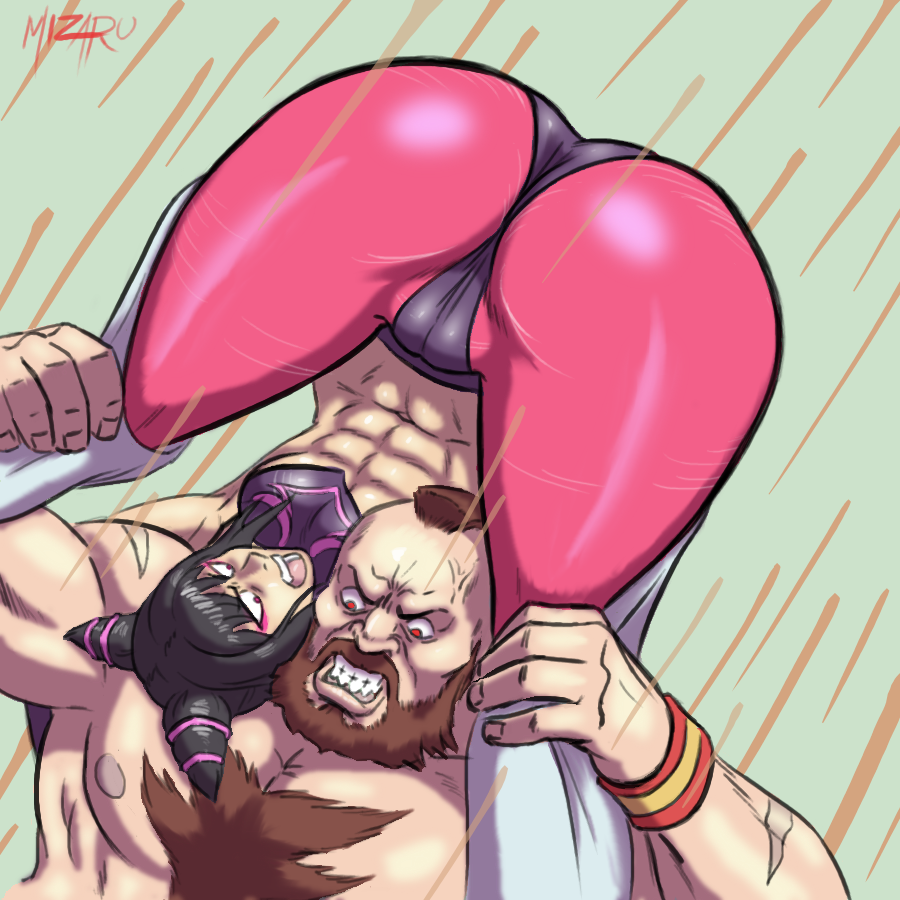 1girl abs ass battle cameltoe chest_hair han_juri kinniku_buster mad mizaru mohawk muscle_buster piledriver street_fighter street_fighter_iv super_street_fighter_iv thick_thighs toned wide_hips wrestling zangief