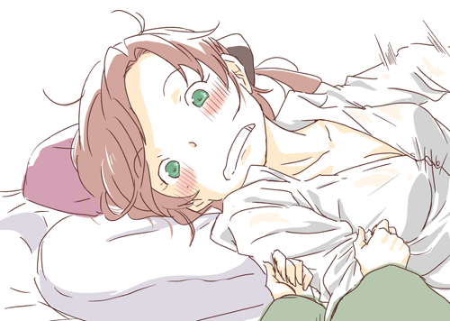 akigumo_(kantai_collection) blush breasts brown_hair cleavage comic female_pov green_eyes kantai_collection looking_at_viewer lowres lying medium_breasts messy_hair multiple_girls oboro_(kantai_collection) on_side out_of_frame pillow ponytail pov see-through shirt side_ponytail solo_focus sou_tamae startled unbuttoned yuri