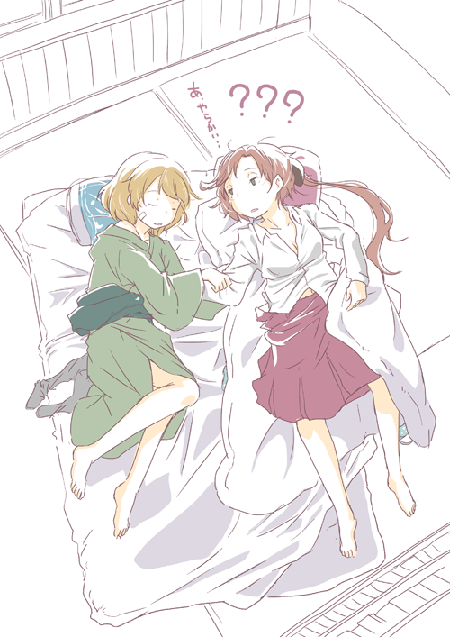 ? akigumo_(kantai_collection) bandaid bandaid_on_face bed_sheet breast_grab brown_hair clothes_removed comic futon grabbing japanese_clothes kantai_collection kimono lying messy_hair multiple_girls navel oboro_(kantai_collection) on_side open_mouth orange_hair pantyhose pantyhose_removed partially_colored pleated_skirt ponytail shirt short_hair skirt sleeping sou_tamae translated unbuttoned yukata