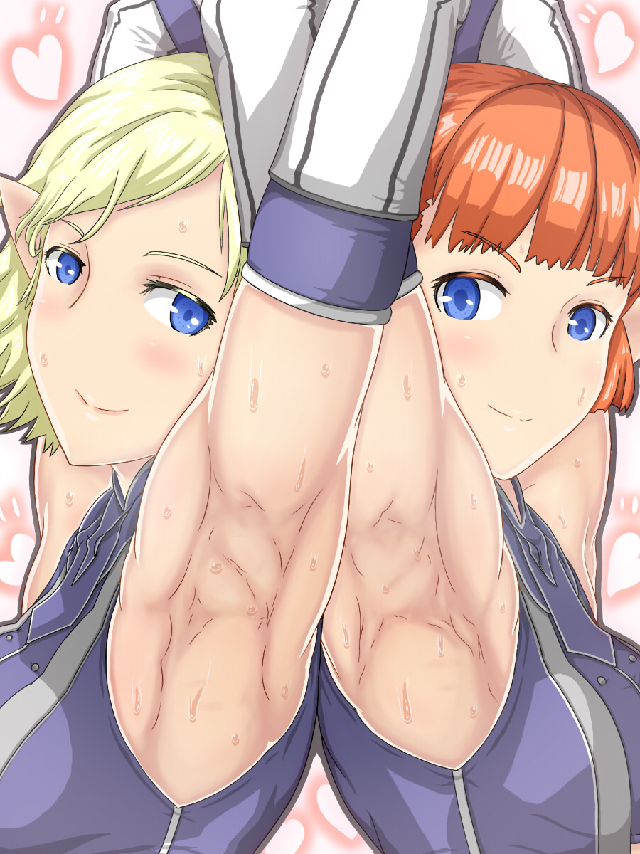 2girls armpits arms_up back-to-back blonde_hair blue_eyes elf elvaan final_fantasy final_fantasy_xi multiple_girls nekoshi pointy_ears showing_armpits smile sweat