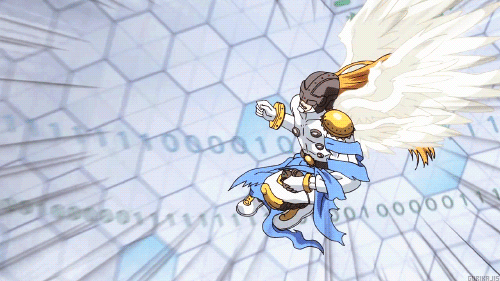 1boy angel angemon animated animated_gif bandai covered_eyes digimon digimon_adventure_tri. fighting helmet long_hair multiple_wings muscle punch violence wings