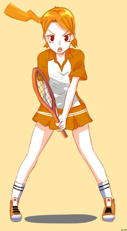 1girl brown_hair racket red_eyes ru-chans sportswear tennis tennis_uniform