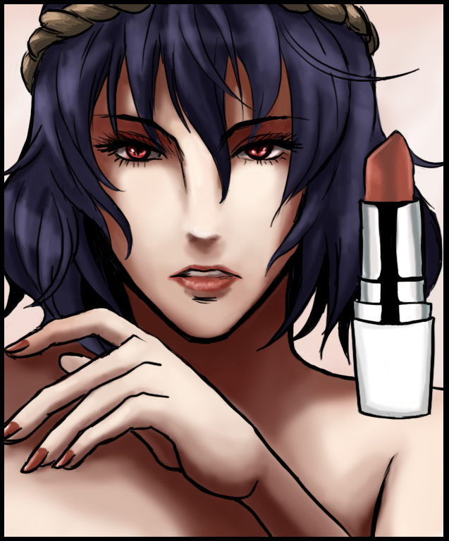 1girl arm_up bangs black_border blue_hair border commentary_request eyelashes fingernails hair_between_eyes lips lipstick lipstick_tube looking_at_viewer makeup nail_polish nude parted_lips red_eyes red_lipstick red_nails reef short_hair solo teeth touhou yasaka_kanako