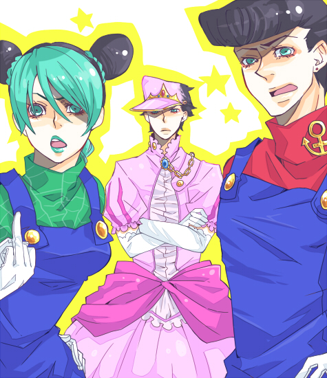 2boys az_y bad_id bad_pixiv_id black_hair cosplay crossdressing double_bun dress earrings elbow_gloves father_and_daughter gloves green_eyes green_hair green_lipstick hand_on_hip hat higashikata_jousuke jewelry jojo_no_kimyou_na_bouken kuujou_jolyne kuujou_joutarou lipstick luigi luigi_(cosplay) makeup mario mario_(cosplay) mario_(series) middle_finger multicolored_hair multiple_boys open_mouth overalls pink_dress pompadour princess_peach princess_peach_(cosplay) star super_mario_bros. uncle_and_nephew