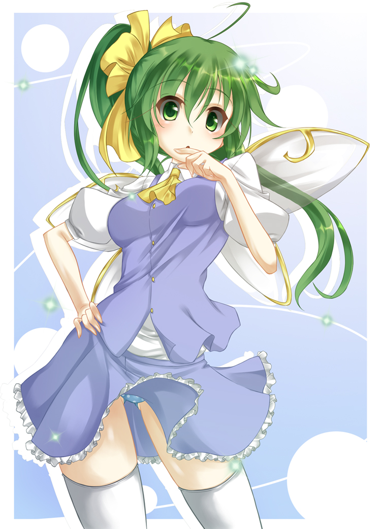 :o ahoge blue_panties bow breasts daiyousei fairy_wings finger_to_mouth fingernails fuyuno_taka green_eyes green_hair hair_bow hand_on_hip hand_to_own_mouth hands long_hair looking_at_viewer medium_breasts panties pantyshot polka_dot polka_dot_panties ponytail skirt skirt_set solo thighhighs touhou underwear upskirt wings
