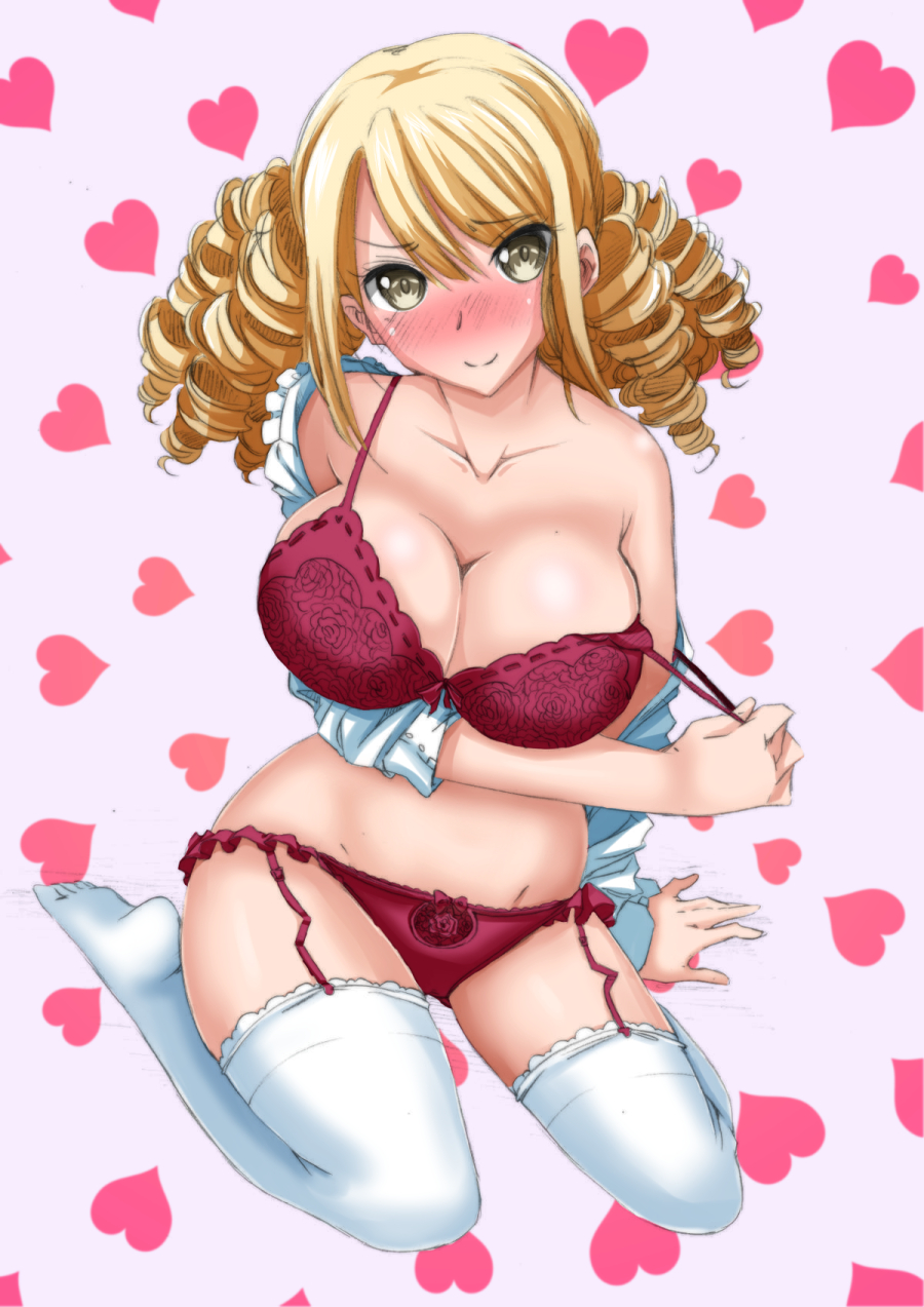 1girl blonde_hair blush bra breasts drill_hair frills garter_straps heart huge_breasts koyama_mai lingerie ore_no_nounai_sentakushi_ga_gakuen_love-comedy_wo_senryoku_de_jama_shiteru panties reikadou_ayame smile solo underwear undressing