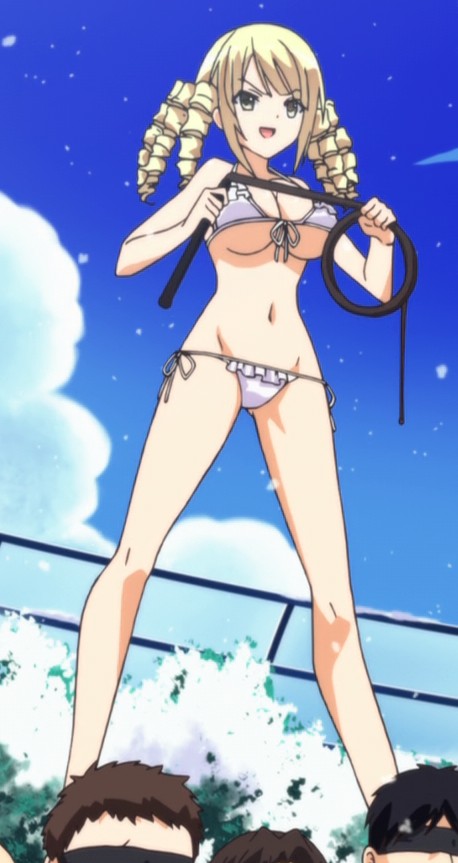 1girl bikini blonde_hair breasts drill_hair female frills large_breasts ore_no_nounai_sentakushi_ga_gakuen_love-comedy_wo_senryoku_de_jama_shiteru reikadou_ayame smile solo standing swimsuit whip white_bikini white_swimsuit