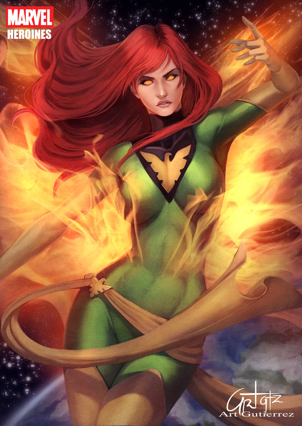 arturo_gutierrez aura bodysuit dark_phoenix earth emblem fire gloves glowing glowing_eyes jean_grey looking_at_viewer marvel planet red_hair sash solo space star_(sky) thighhighs x-men