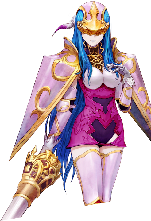 1girl armor atlus blue_hair genei_ibunroku_#fe helmet mask official_art sheeda_(gir#fe) shin_megami_tensei weapon