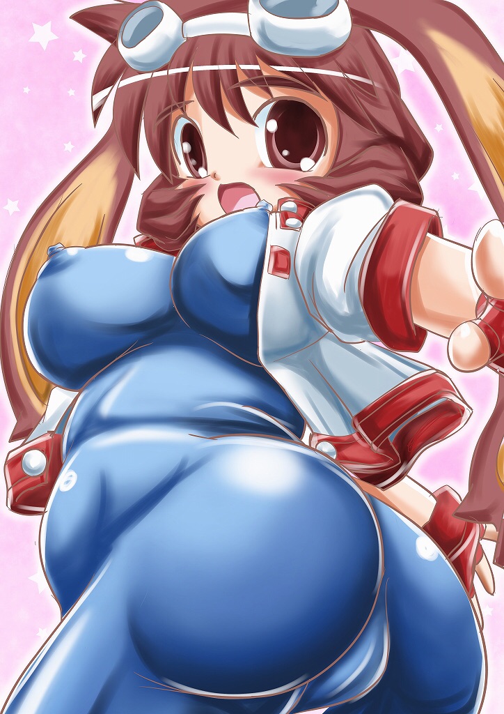 1girl animal_ears artist_request ass blush bodysuit breasts brown_eyes brown_hair bunny_ears cameltoe cropped_jacket erect_nipples female fingerless_gloves from_behind gloves goggles goggles_on_head large_breasts looking_down makihara_arina open_mouth shiny shiny_clothes shiny_hair short_hair solo spandex waku_waku_7 watarishirou28