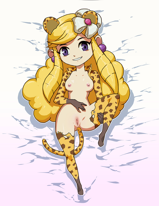 1girl anal anal_insertion anal_object_insertion animal_ears anus ass bottomless cheetah clitoris curly_hair daga dakimakura earrings gradient gradient_background jewelry long_hair on_back on_bed panties panties_around_leg princess_styla pussy simple_background smile solo spread_legs the_legend_of_zelda the_legend_of_zelda:_tri_force_heroes uncensored underwear