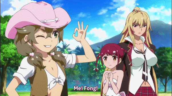 animated animated_gif apron ass between_breasts blonde_hair blush bouncing_breasts braid breast_smother breasts brown_hair cowboy_hat face_between_breasts front-tie_top hat head_between_breasts heart huge_ass huge_breasts kazami_torino large_breasts multiple_girls outdoors red_hair sakura_meifon shikishima_mirei small_breasts struggling subtitled tokonome_mamori twin_braids valkyrie_drive valkyrie_drive_-mermaid- vest