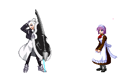 2girls animated animated_gif apron assisted_exposure bangs blush breasts hisui long_hair lowres m.u.g.e.n maid maid_headdress melty_blood multiple_girls pixel_art ponytail purple_hair riesbyfe_stridberg short_hair simple_background surprised tagme torn_clothes transparent_background uncensored white_hair