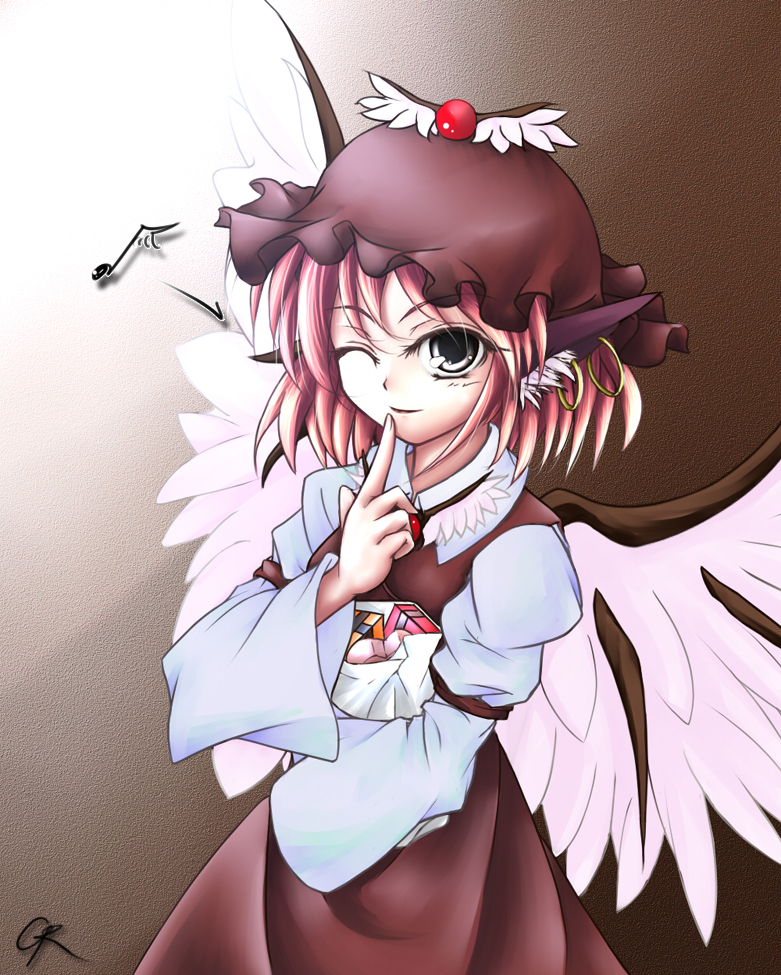 animal_ears bag earrings finger_to_mouth gift gr_(artist) grey_eyes hat holding holding_gift jewelry musical_note mystia_lorelei one_eye_closed pink_hair short_hair solo touhou wings