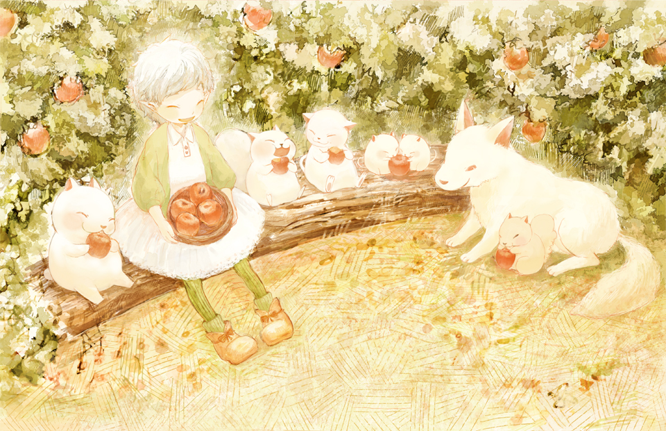 ^_^ animal apple bad_id bad_pixiv_id cat child closed_eyes eating food fox fruit happy light log morikawa_sumio mouse original pointy_ears short_hair sitting smile solo squirrel white_hair