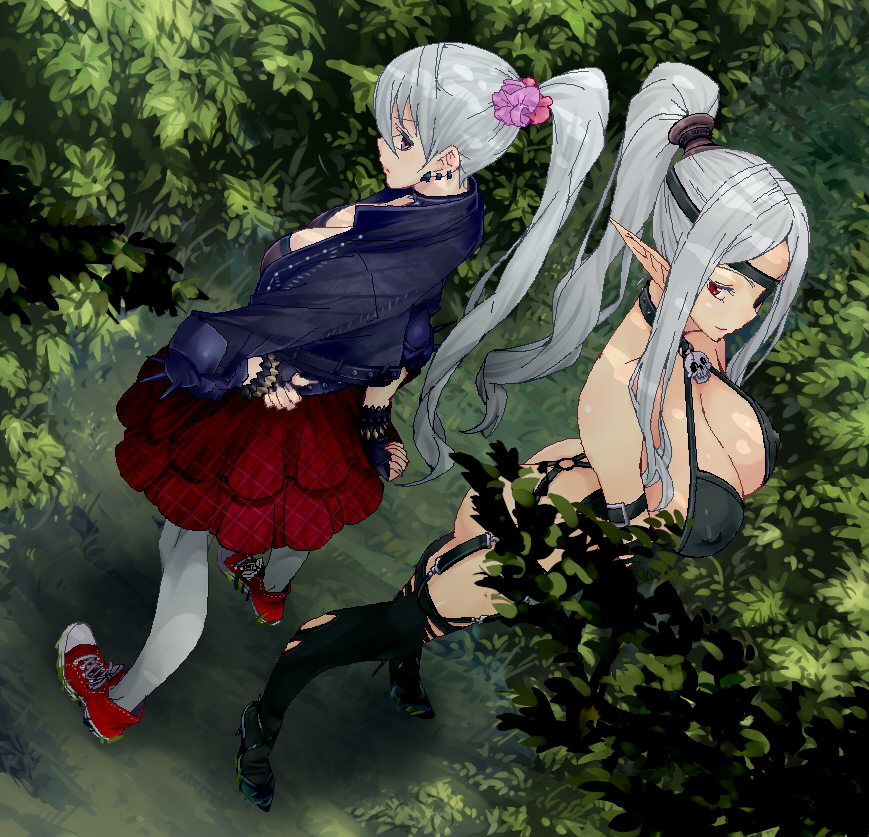 amami_amayu armband ass back-to-back bare_shoulders black_legwear breasts buckle cleavage clenched_hand collar covered_nipples cross-laced_footwear dutch_angle ear_piercing earrings elbow_pads elf eyepatch fingernails forest from_above from_side garter_straps hair_between_eyes halterneck hand_on_hip high_heels high_ponytail jacket jagan_no_jotei_hildegard jewelry large_breasts long_fingernails long_hair long_sleeves makenki_dragee monster_collection multiple_girls nail_polish nature oekaki open_clothes open_jacket outdoors pantyhose piercing plaid plaid_skirt pointy_ears ponytail profile purple_eyes purple_nails red_eyes shoes sidelocks silver_hair skirt skull smile sneakers spiked_collar spikes standing thighhighs very_long_hair white_legwear
