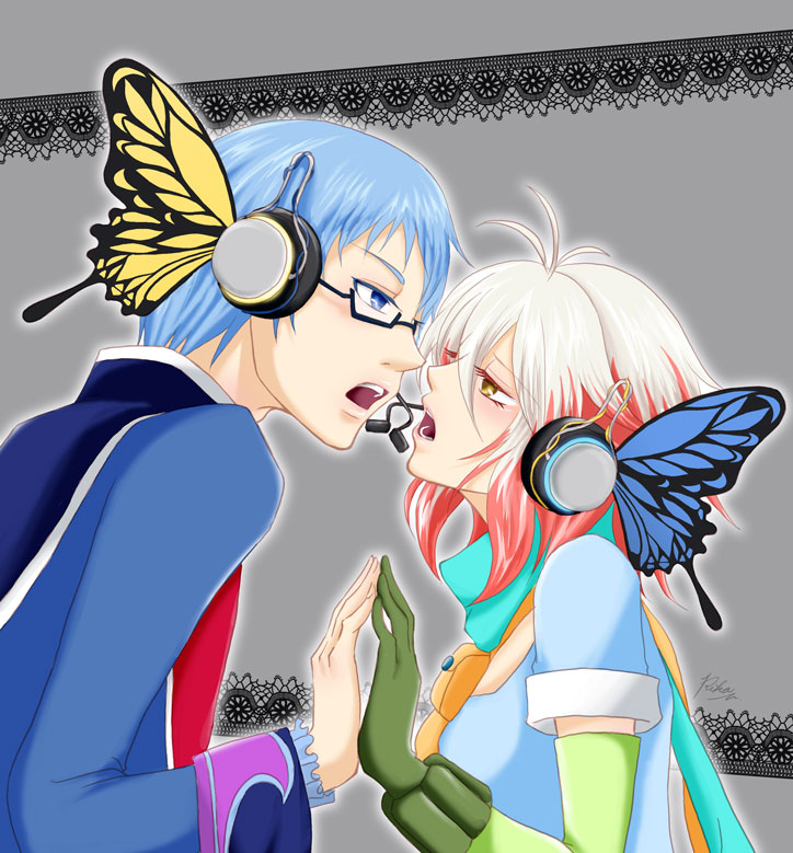 1girl blue_eyes blue_hair blue_shirt bug butterfly butterfly_hair_ornament eye_contact face-to-face glasses gradient_hair grey_background hair_ornament headphones hubert_ozwell insect looking_at_another magnet_(vocaloid) multicolored_hair mumiriko pascal red_hair shirt tales_of_(series) tales_of_graces two-tone_hair vocaloid white_hair yellow_eyes