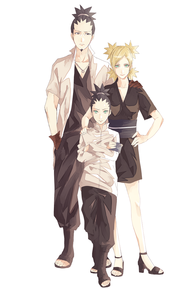 2boys black_eyes black_hair blonde_hair boruto:_naruto_the_movie breasts cleavage crossed_arms facial_hair family father_and_son goatee green_eyes hand_in_pocket hand_on_another's_shoulder hand_on_hip high_heels husband_and_wife jewelry looking_at_viewer medium_breasts mother_and_son multiple_boys nara_shikadai nara_shikamaru naruto naruto_(series) necklace open_toe_shoes quad_tails ring_necklace shoes short_hair suzu_(tg_390) temari white_background