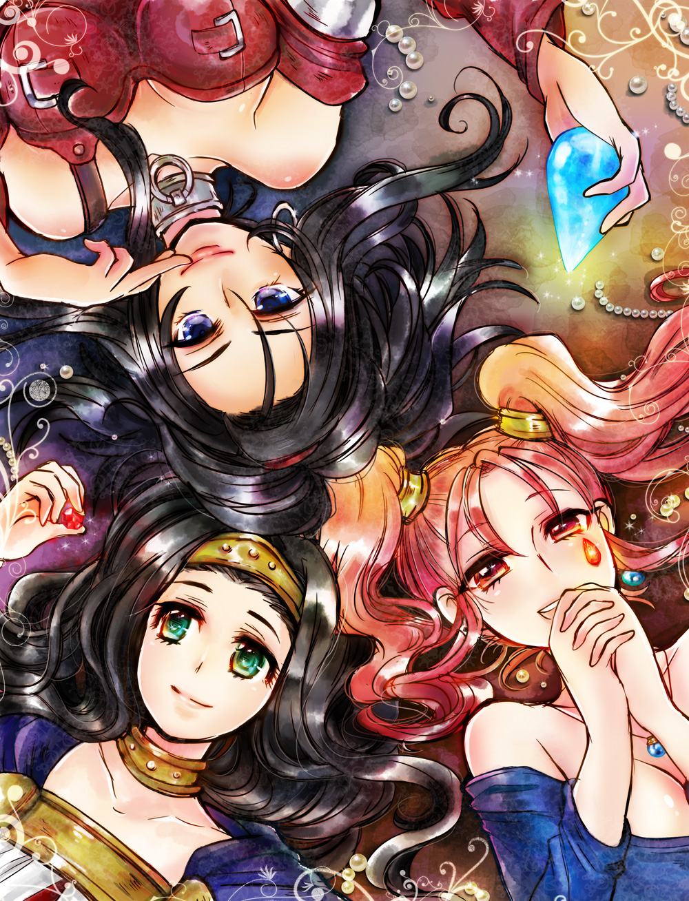 black_hair breasts cape choker circlet cleavage detached_sleeves dragon_quest dragon_quest_viii finger_to_mouth gem green_eyes highres jessica_albert jewelry large_breasts long_hair lying medea multiple_girls necklace on_back pearl_necklace purple_eyes red_(dq8) red_eyes red_hair smile twintails urihara84