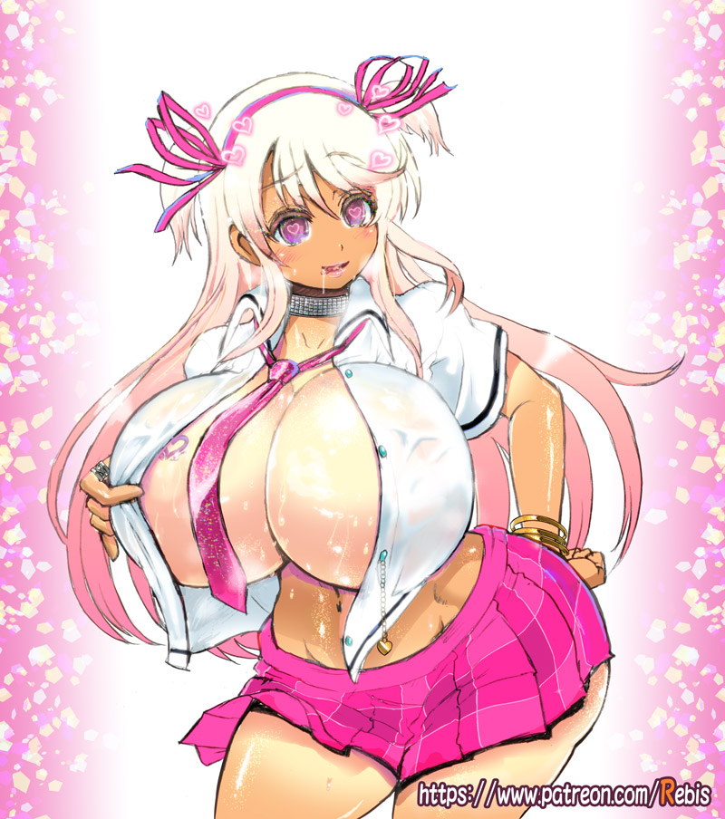 alternate_color alternate_hair_color bimbo blush breasts cleavage curvy drooling ganguro heart heart-shaped_pupils huge_breasts katsuragi_(senran_kagura) long_hair looking_at_viewer microskirt navel necktie open_clothes open_shirt pink_eyes pink_hair pleated_skirt rebis school_uniform senran_kagura senran_kagura_(series) shirt simple_background skirt smile solo sweat symbol-shaped_pupils tan thighs tongue_out wide_hips