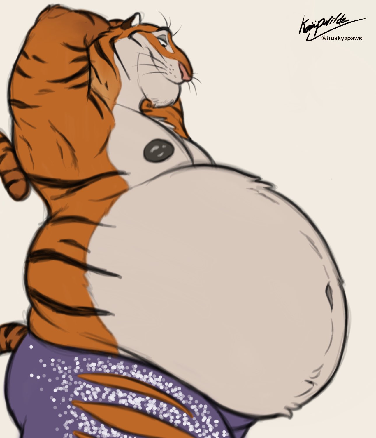2023 anthro belly big_belly bottomwear clothed clothing disney felid fur half-closed_eyes hands_behind_head hi_res kaiipwilde_(artist) male mammal mouth_closed narrowed_eyes navel nipples obese obese_anthro obese_male overweight overweight_anthro overweight_male pantherine shorts side_view signature smile solo tiger tiger_dancer_(zootopia) topless topless_anthro topless_male whiskers zootopia