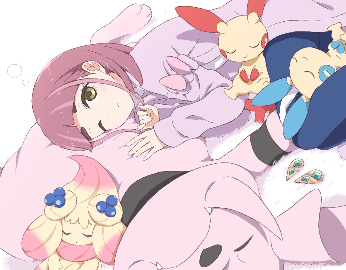 1girl alcremie alcremie_(berry_sweet) arched_bangs blueberry brown_eyes cardigan closed_eyes food fruit fujiyama_(yellow) granbull hair_ornament hairclip lacey_(pokemon) long_sleeves looking_at_viewer minun one_eye_closed pink_hair plusle pokemon pokemon_(creature) pokemon_sv sleeping unworn_hair_ornament