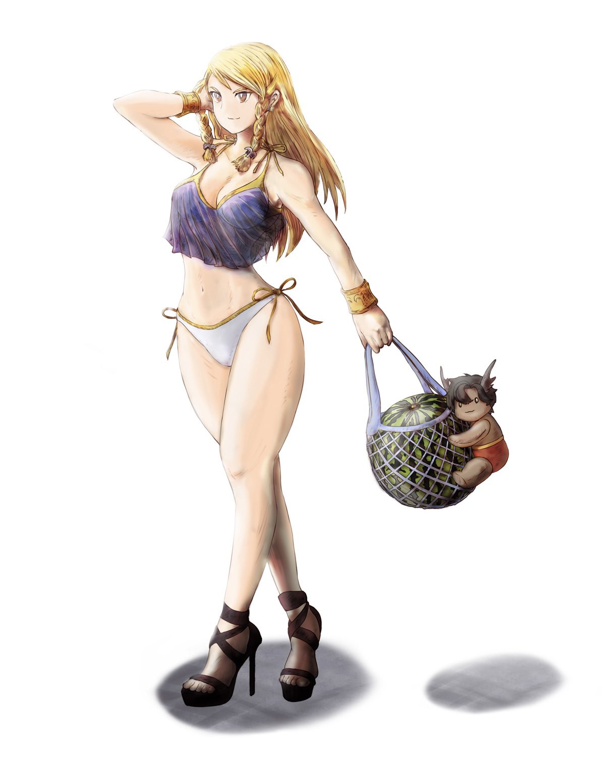 1girl agrias_oaks ball basket beachball bikini black_footwear blonde_hair blue_bra bra braid breasts cleavage crop_top final_fantasy final_fantasy_brave_exvius final_fantasy_tactics front-tie_bikini_top front-tie_top full_body hand_in_own_hair high_heels highres holding holding_basket jewelry long_hair medium_breasts namaketemash navel panties see-through_silhouette shadow side-tie_panties simple_background smile solo stuffed_toy swimsuit twin_braids underwear war_of_the_visions:_final_fantasy_brave_exvius watermelon_beachball white_background white_panties yellow_eyes