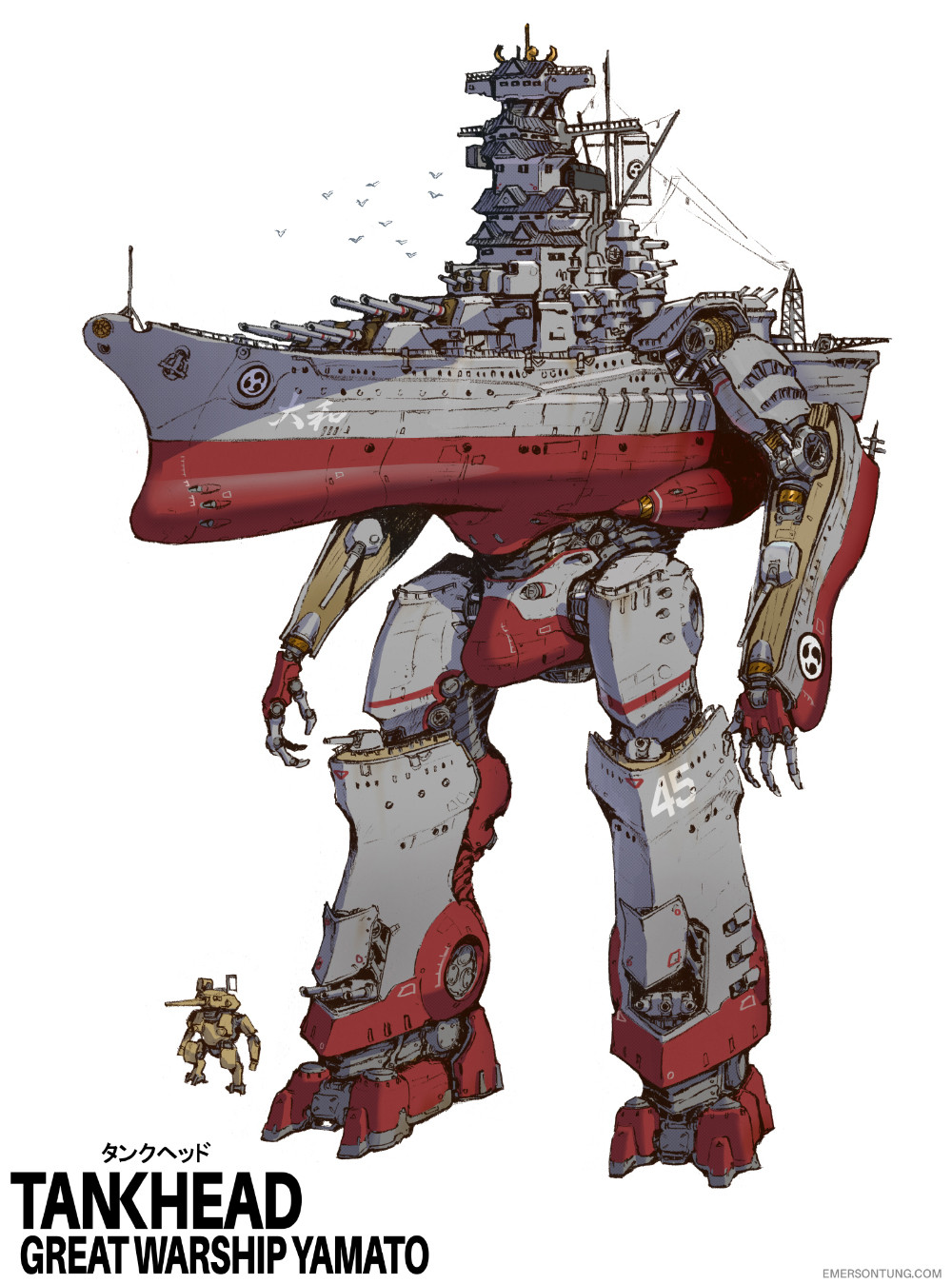 aircraft_catapult architecture artist_name battleship bird cannon east_asian_architecture emerson_tung english_text flying highres imperial_japanese_navy kikumon mecha mecha_focus military_vehicle no_humans original robot science_fiction ship standing village warship watercraft white_background yamato_(battleship)