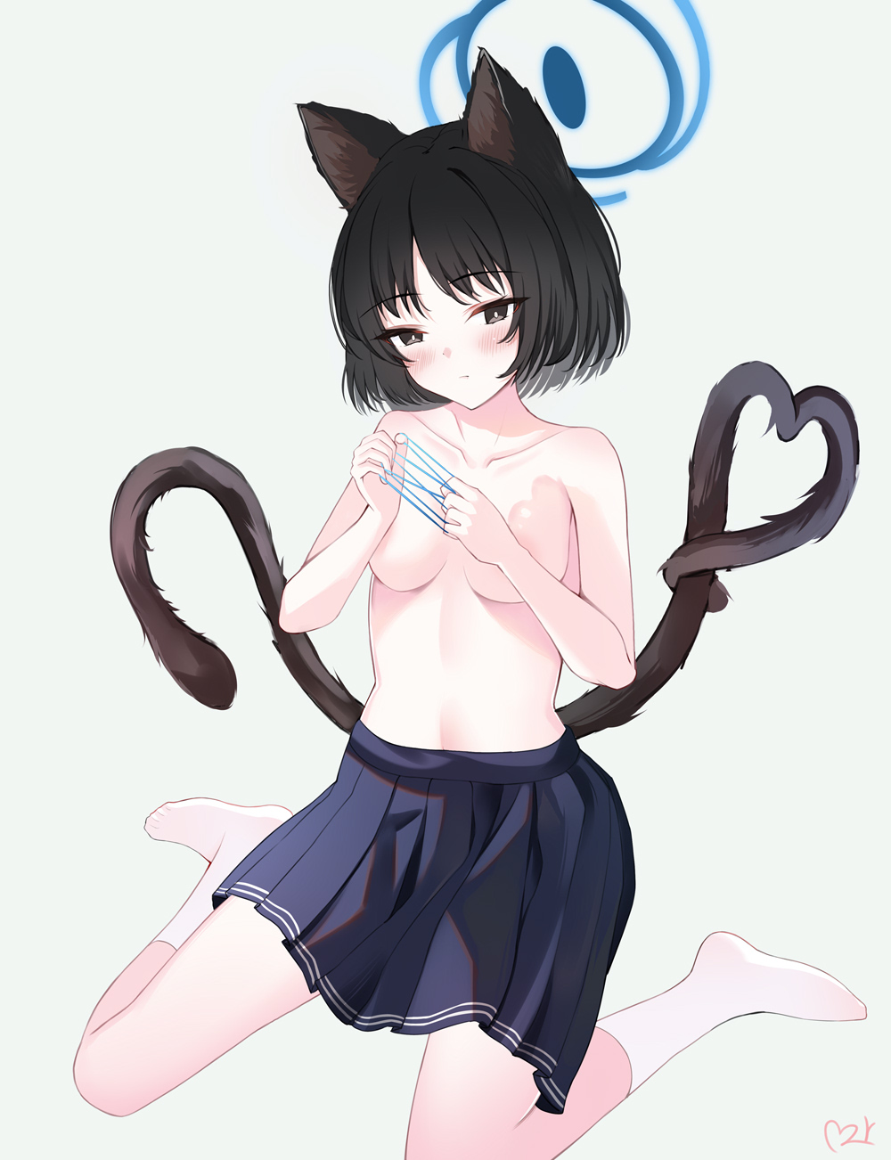 1girl animal_ears areola_slip black_eyes black_hair black_skirt blue_archive blue_halo breasts cat's_cradle cat_ears cat_tail closed_mouth grey_eyes halo highres kikyou_(blue_archive) medium_breasts multiple_tails pleated_skirt short_hair signature simple_background skirt socks solo tail teeth_bro topless two_tails white_socks